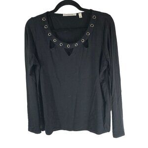 Cyrus Womens Black Long Sleeve Top With Eyelet Cutout Detail Size L